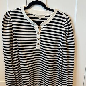 LOFT Black and White Striped Henley Sweatshirt